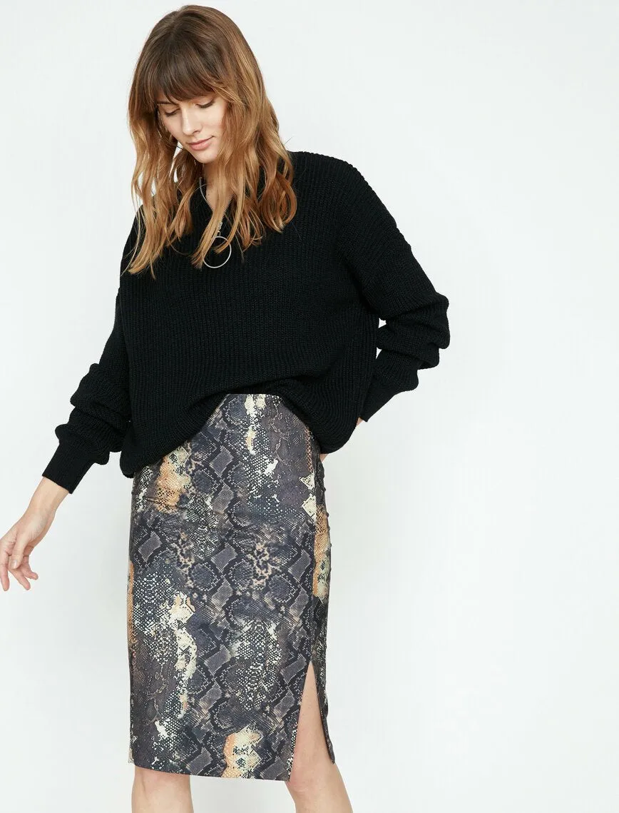 12148 Brown Snake Patterned Midi Skirt