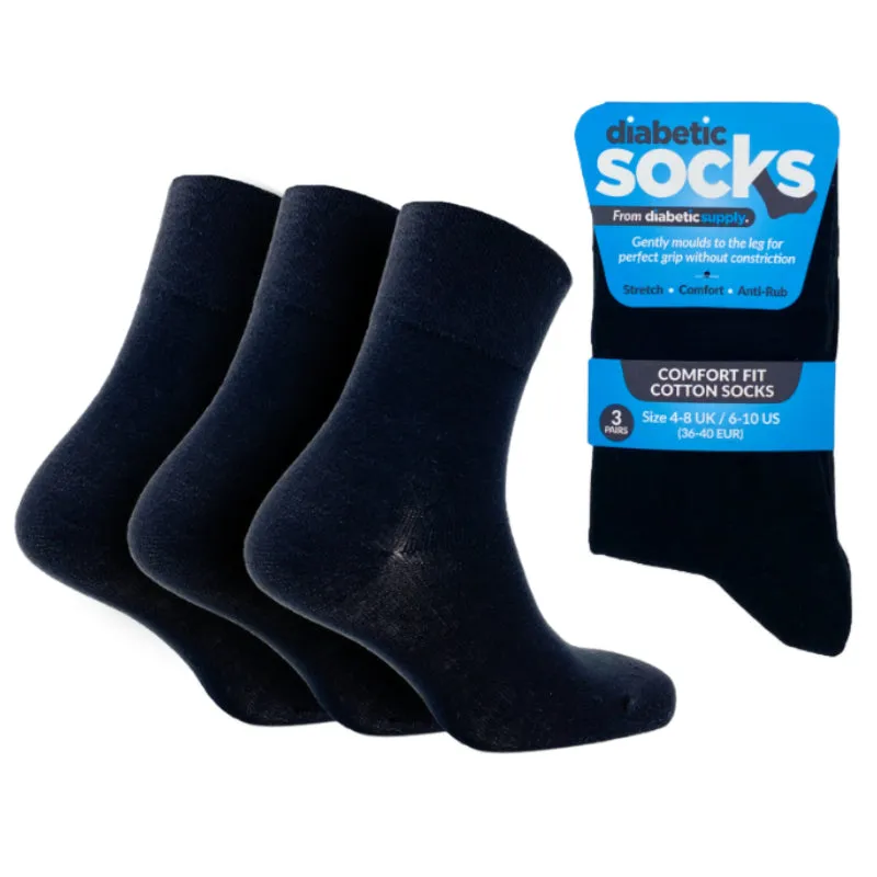 3 Pairs Black - Ladies Diabetic Soft Grip Non Elastic Loose Weave Top Diabetic Socks Size 4-8