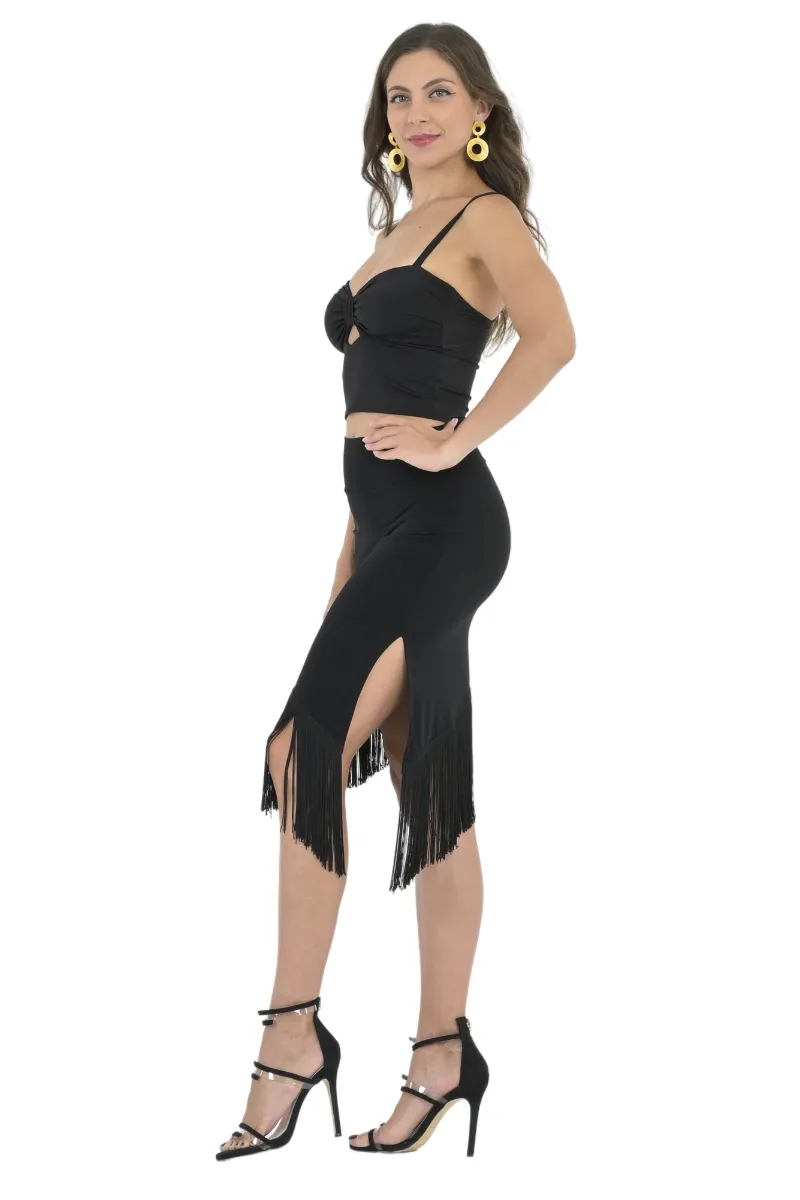 Asymmetric Tango Mini Skirt With Fringe