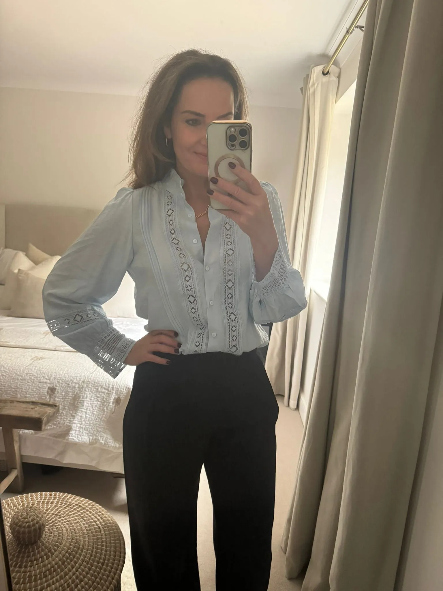 Baby Blue Marketa Embroidery Detailed Blouse