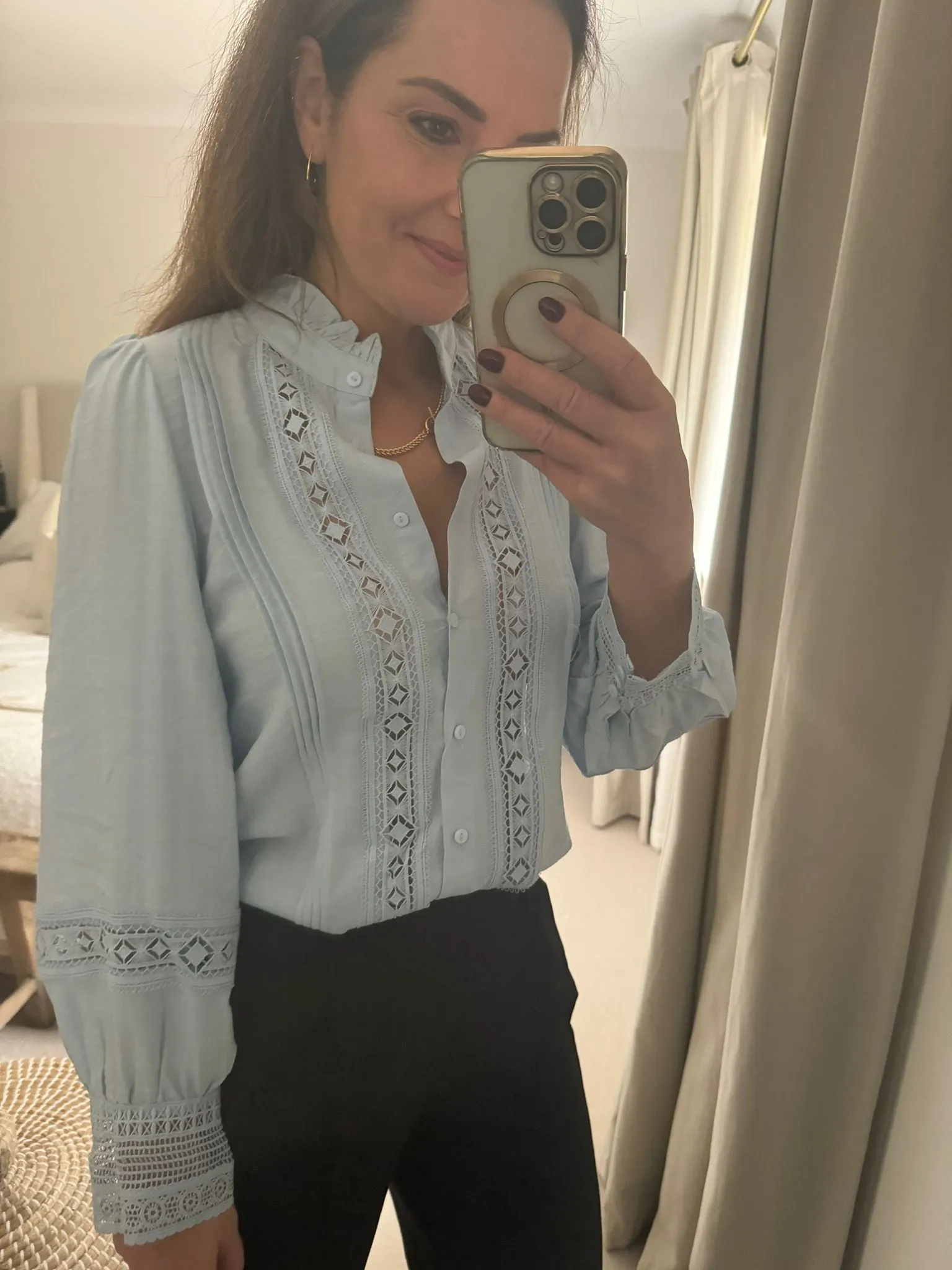 Baby Blue Marketa Embroidery Detailed Blouse