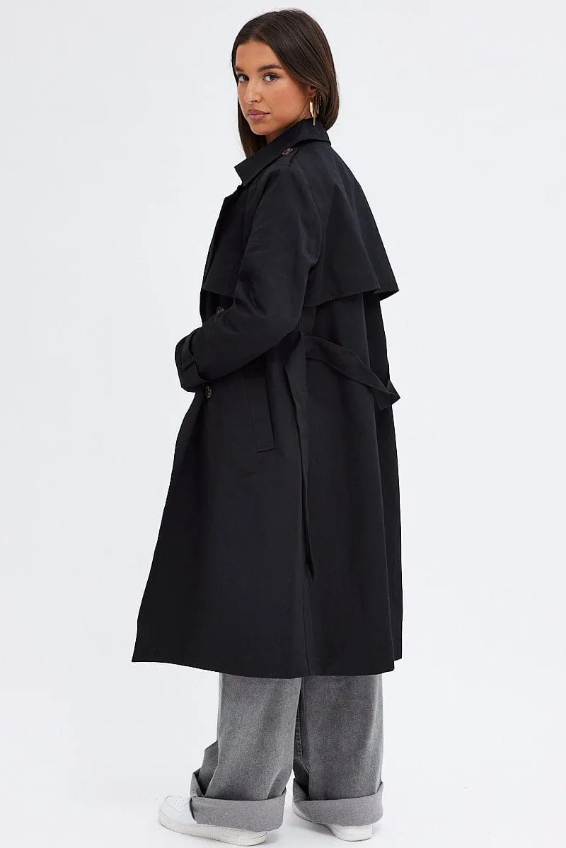 Black Trench Coat Long Sleeves Cotton