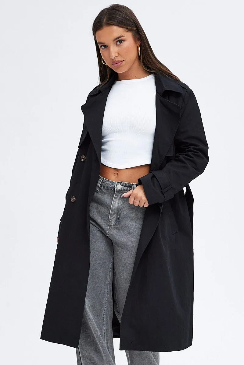 Black Trench Coat Long Sleeves Cotton