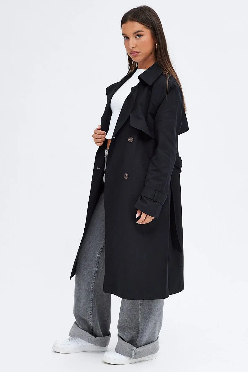 Black Trench Coat Long Sleeves Cotton