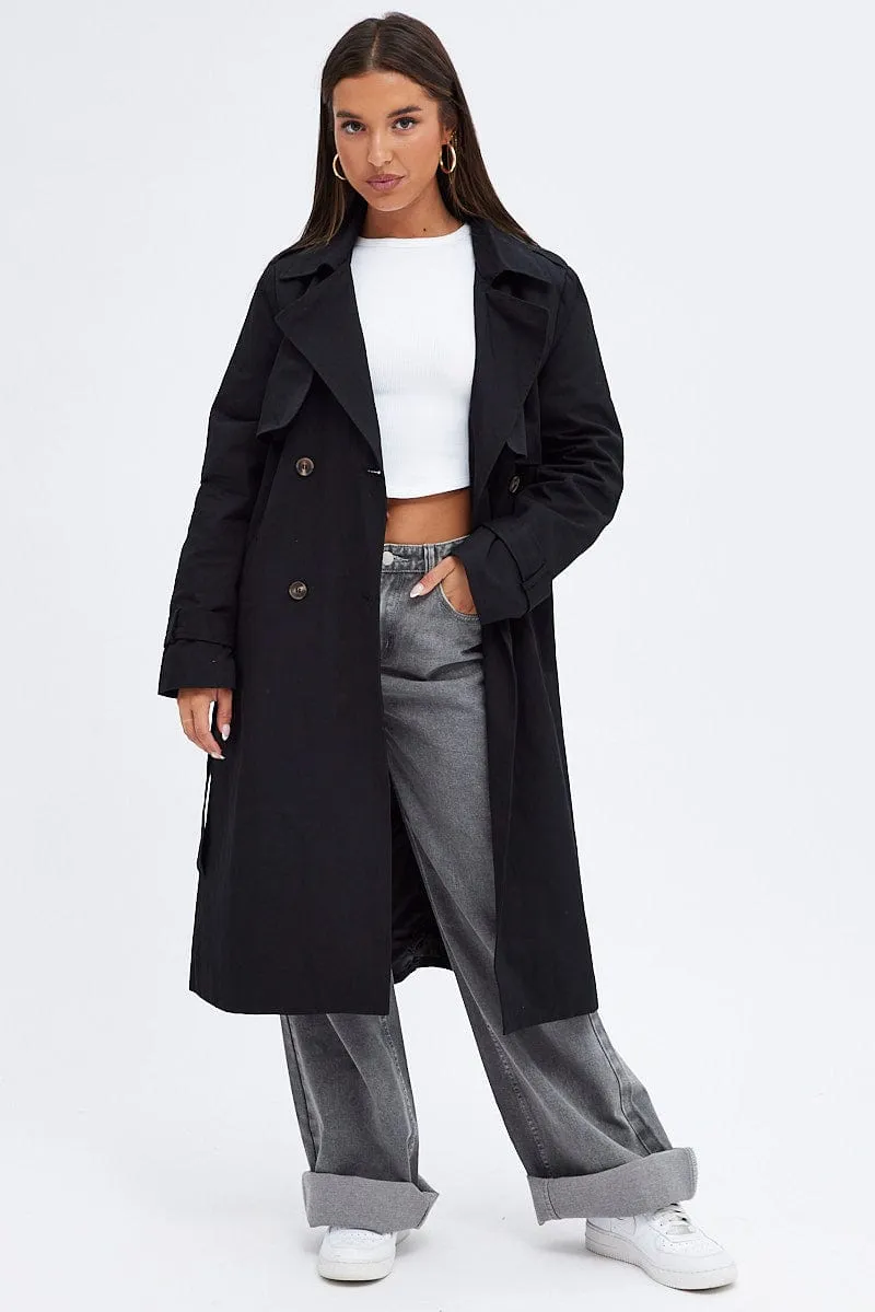 Black Trench Coat Long Sleeves Cotton