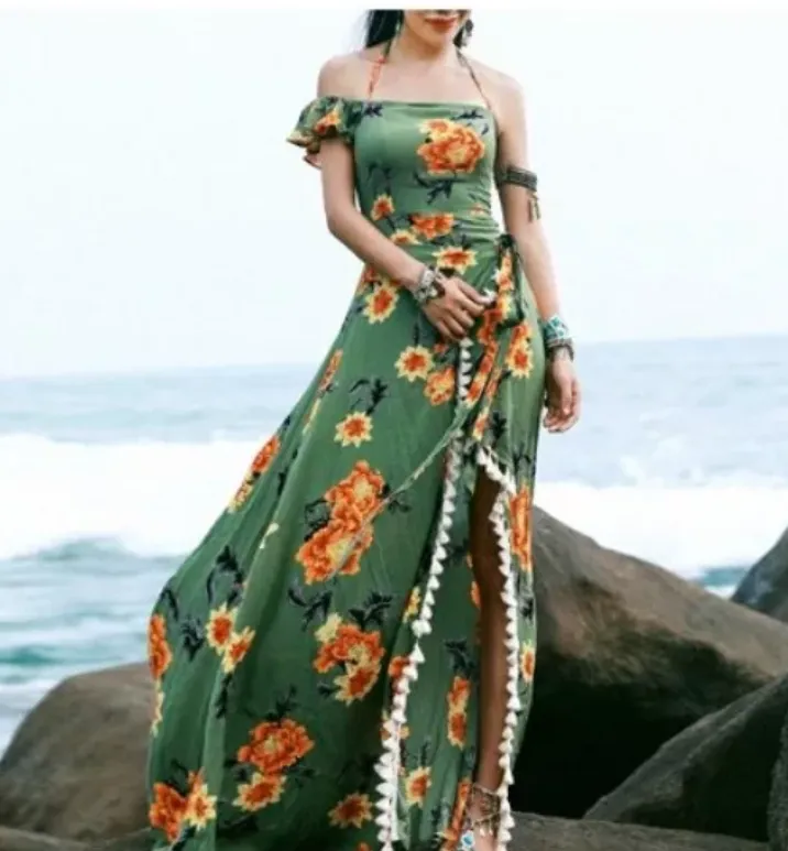 Bohemian Beach Long Skirt with Split Irregular Seaside Halter Strap Print Dress
