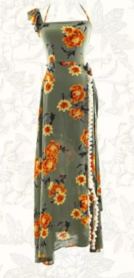 Bohemian Beach Long Skirt with Split Irregular Seaside Halter Strap Print Dress