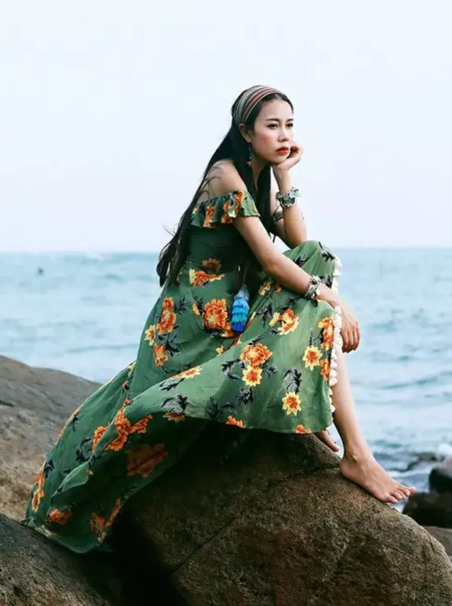 Bohemian Beach Long Skirt with Split Irregular Seaside Halter Strap Print Dress
