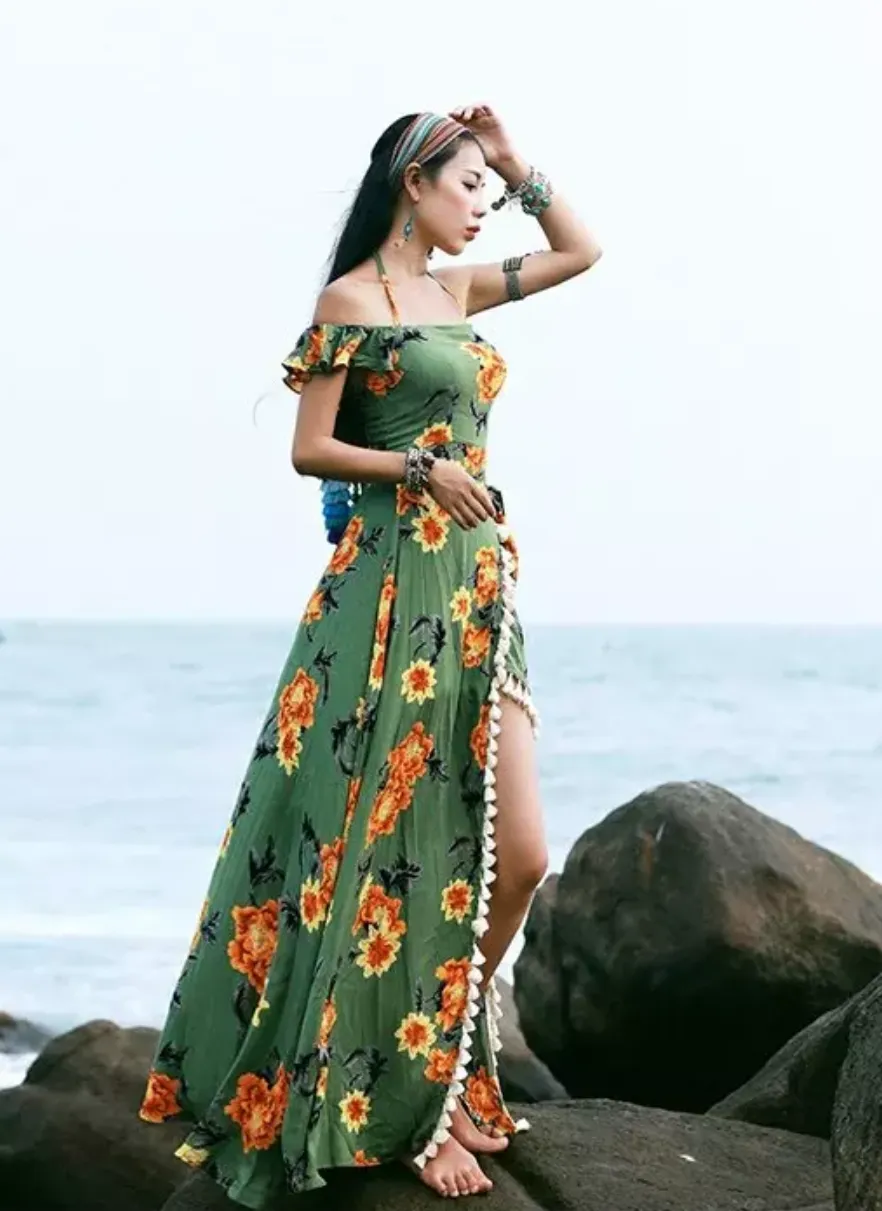 Bohemian Beach Long Skirt with Split Irregular Seaside Halter Strap Print Dress