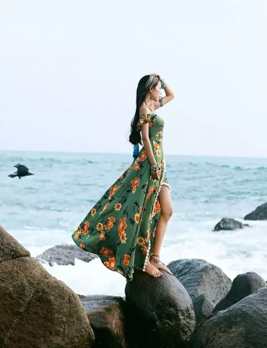 Bohemian Beach Long Skirt with Split Irregular Seaside Halter Strap Print Dress