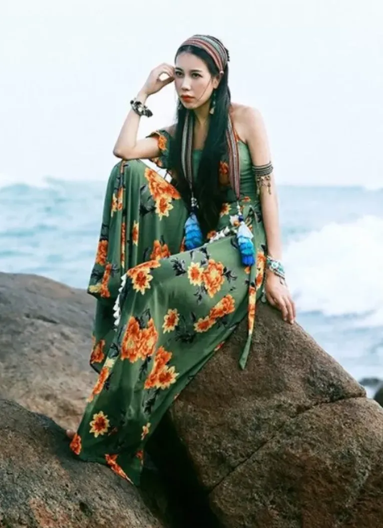 Bohemian Beach Long Skirt with Split Irregular Seaside Halter Strap Print Dress