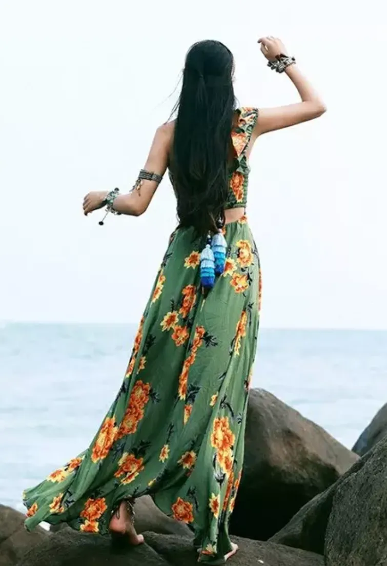 Bohemian Beach Long Skirt with Split Irregular Seaside Halter Strap Print Dress