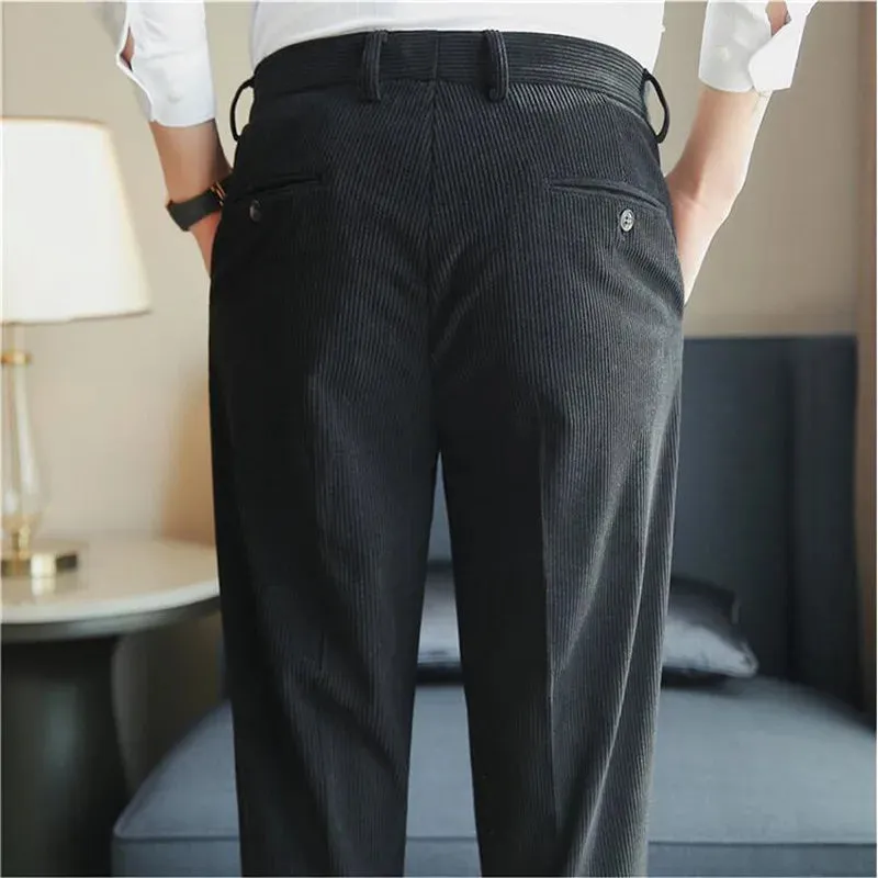 Bonsir Autumn Winter Men Vintage Slim Stretch Corduroy Slim Fit Suit Pants Fashion Men Casual Business Formal Wear Solid Color Trousers