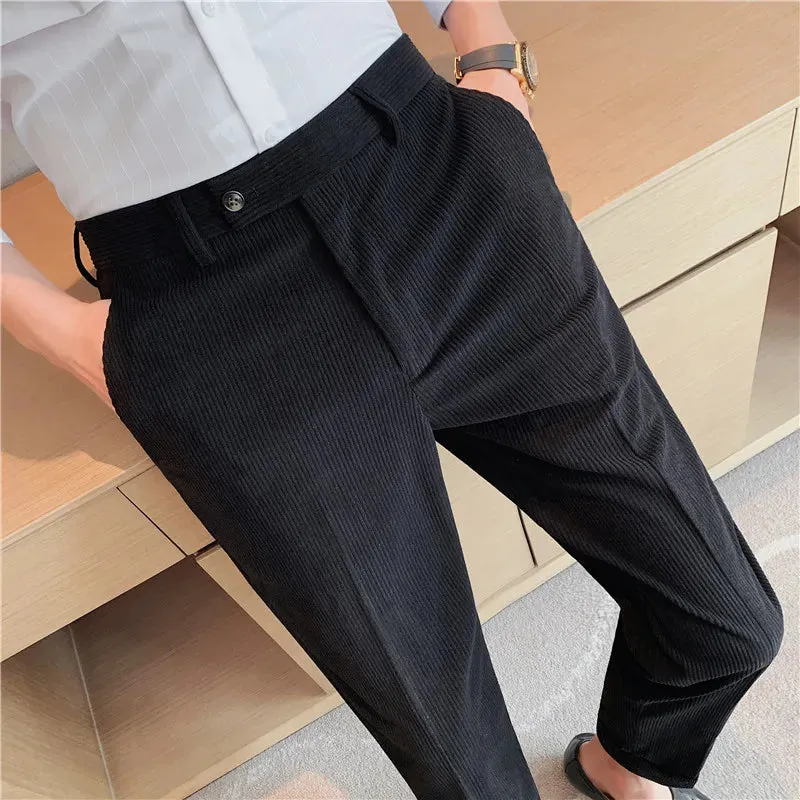 Bonsir Autumn Winter Men Vintage Slim Stretch Corduroy Slim Fit Suit Pants Fashion Men Casual Business Formal Wear Solid Color Trousers
