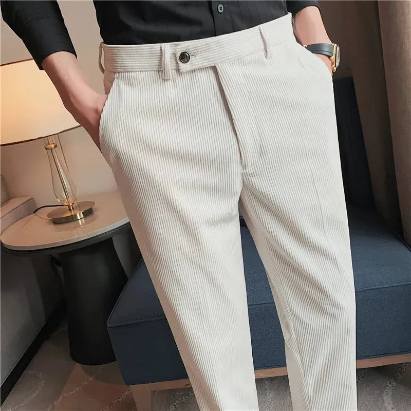 Bonsir Autumn Winter Men Vintage Slim Stretch Corduroy Slim Fit Suit Pants Fashion Men Casual Business Formal Wear Solid Color Trousers