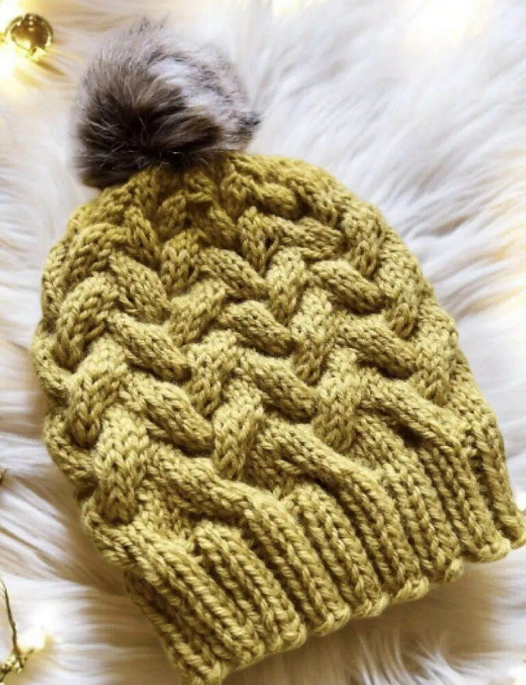 Cable hand Knit Chunky Beanie in Mustard yellow with brown fur pompom