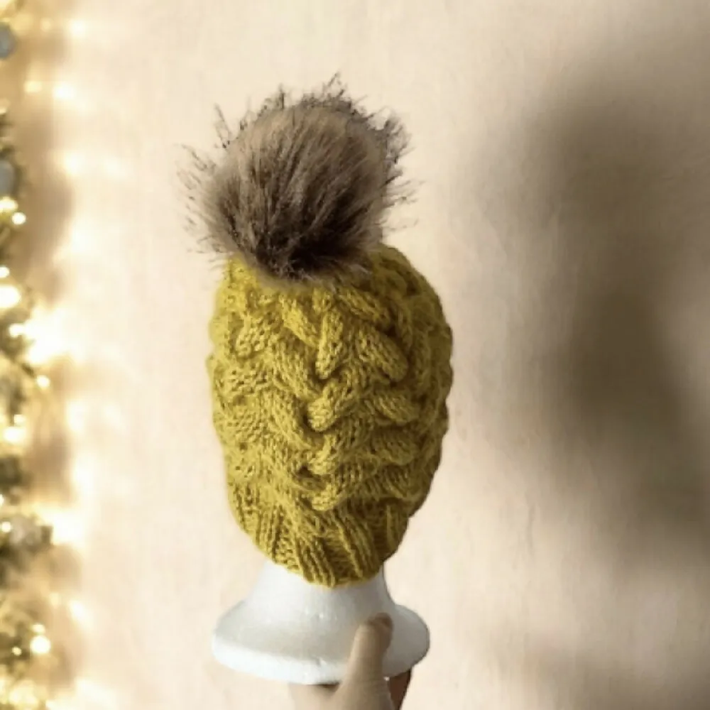 Cable hand Knit Chunky Beanie in Mustard yellow with brown fur pompom