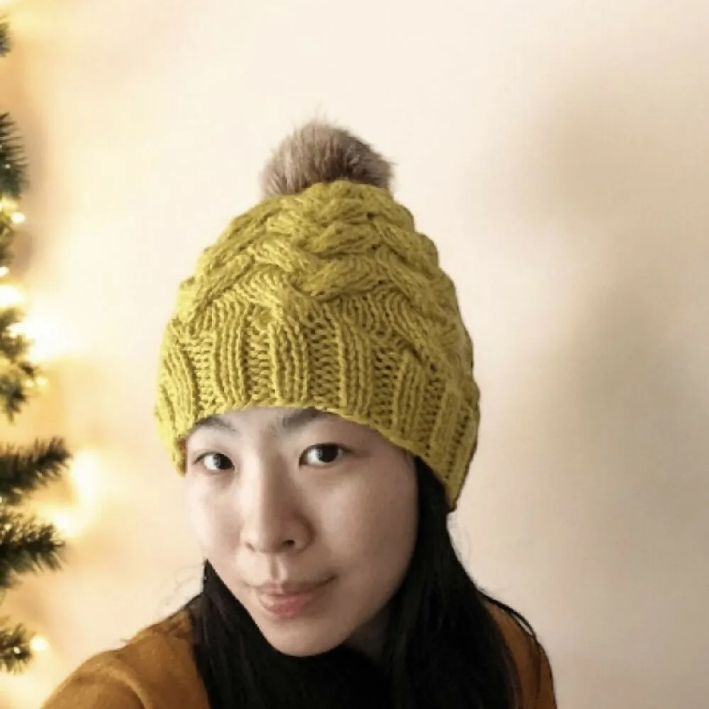Cable hand Knit Chunky Beanie in Mustard yellow with brown fur pompom