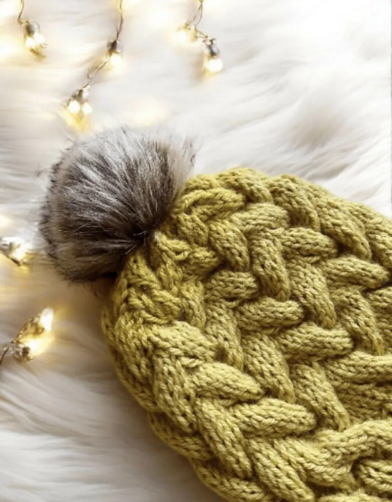 Cable hand Knit Chunky Beanie in Mustard yellow with brown fur pompom