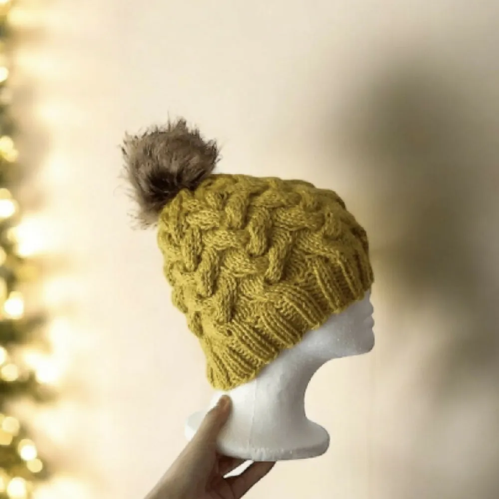 Cable hand Knit Chunky Beanie in Mustard yellow with brown fur pompom