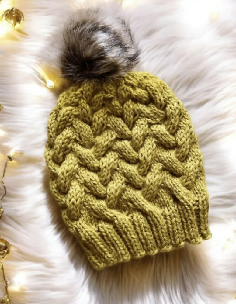 Cable hand Knit Chunky Beanie in Mustard yellow with brown fur pompom