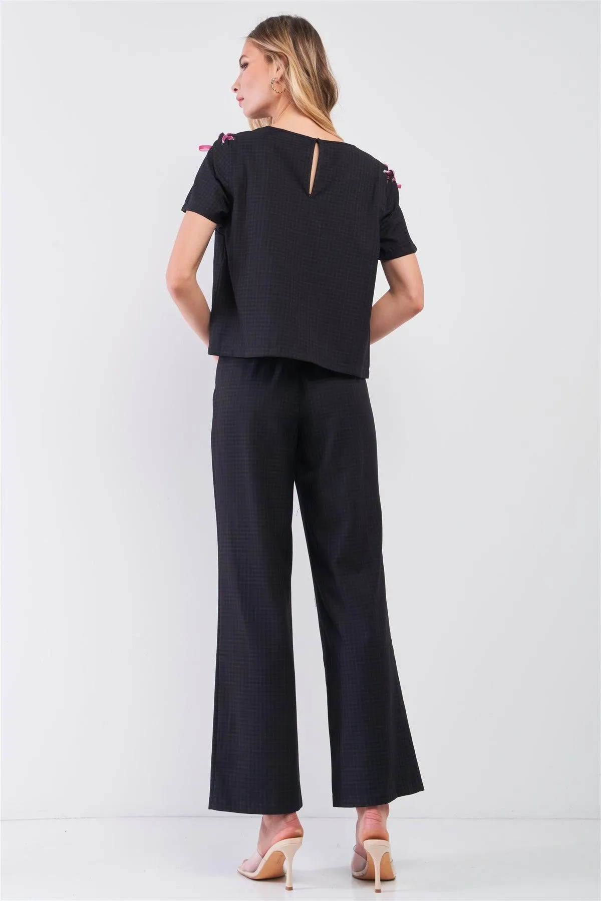 Charcoal Plaid Round Neck Short Sleeve Shoulder Lace Up Detail Top & High-Waisted Wide Leg Pants Two Piece Set /1-2-2-1