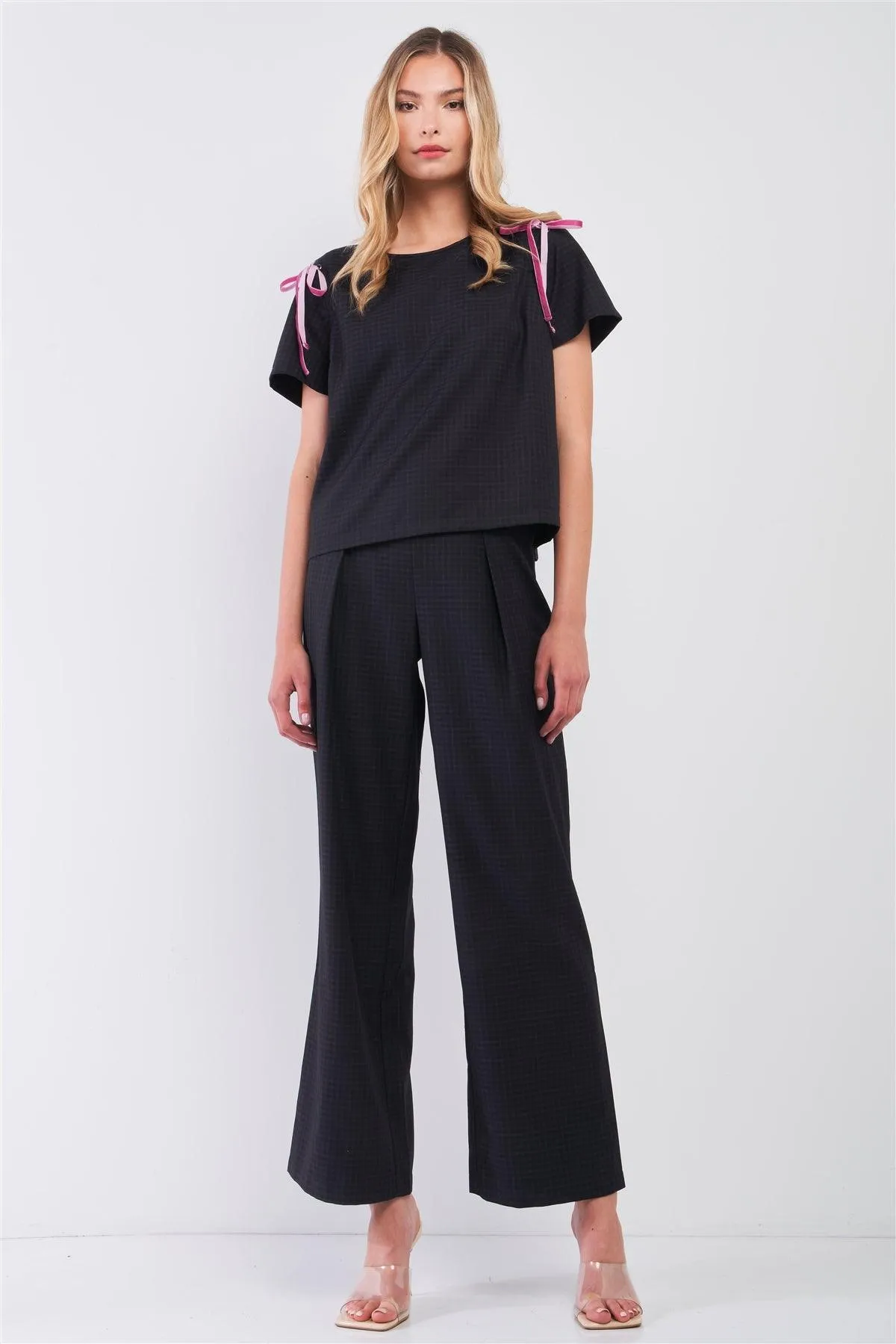 Charcoal Plaid Round Neck Short Sleeve Shoulder Lace Up Detail Top & High-Waisted Wide Leg Pants Two Piece Set /1-2-2-1