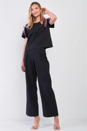 Charcoal Plaid Round Neck Short Sleeve Shoulder Lace Up Detail Top & High-Waisted Wide Leg Pants Two Piece Set /1-2-2-1