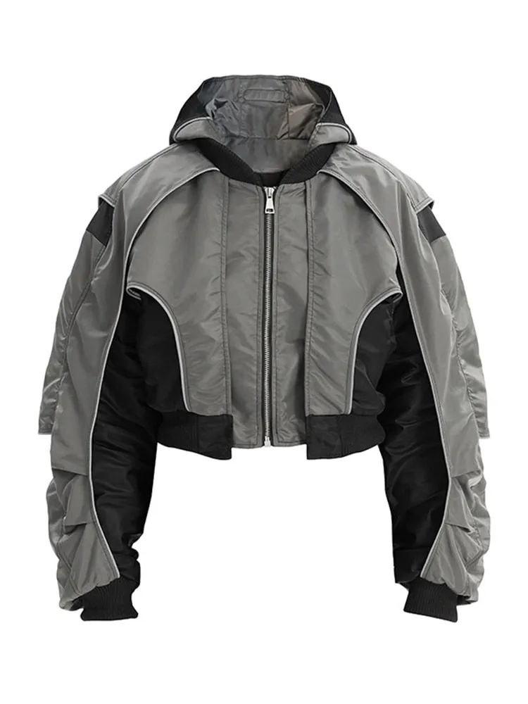Colorblock Spliced Folds Jackets For Women Hooded Long Sleeve Patchwork Zipper Vintage Jacket Female Fashion Style
