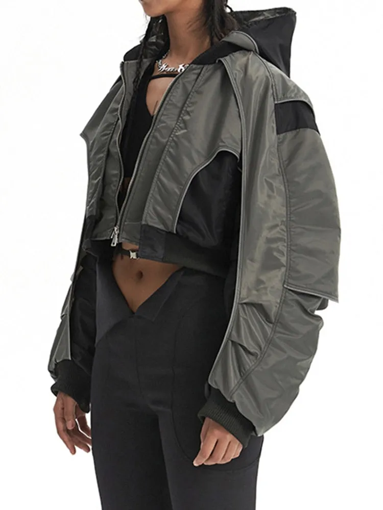 Colorblock Spliced Folds Jackets For Women Hooded Long Sleeve Patchwork Zipper Vintage Jacket Female Fashion Style