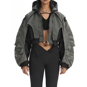 Colorblock Spliced Folds Jackets For Women Hooded Long Sleeve Patchwork Zipper Vintage Jacket Female Fashion Style