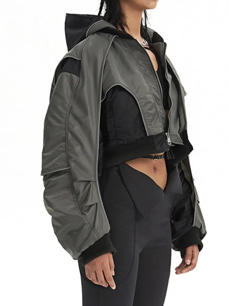 Colorblock Spliced Folds Jackets For Women Hooded Long Sleeve Patchwork Zipper Vintage Jacket Female Fashion Style