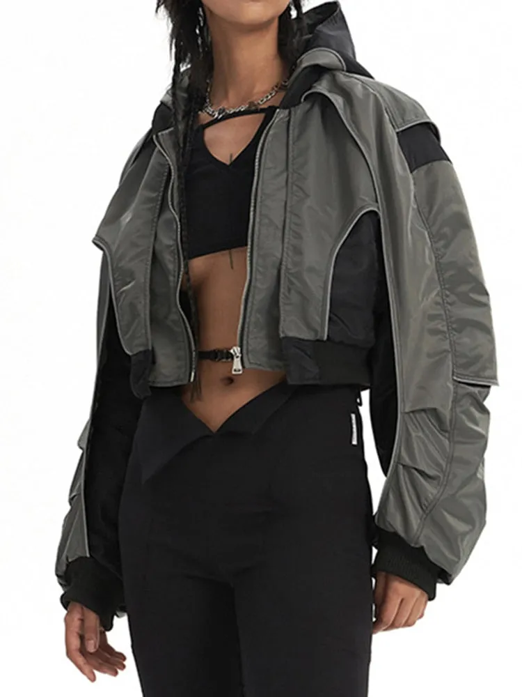 Colorblock Spliced Folds Jackets For Women Hooded Long Sleeve Patchwork Zipper Vintage Jacket Female Fashion Style