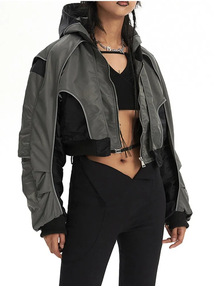 Colorblock Spliced Folds Jackets For Women Hooded Long Sleeve Patchwork Zipper Vintage Jacket Female Fashion Style