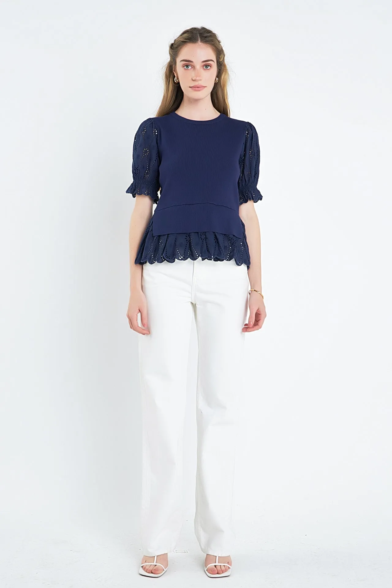 English Factory - Eyelet Mixed Media Knit Top