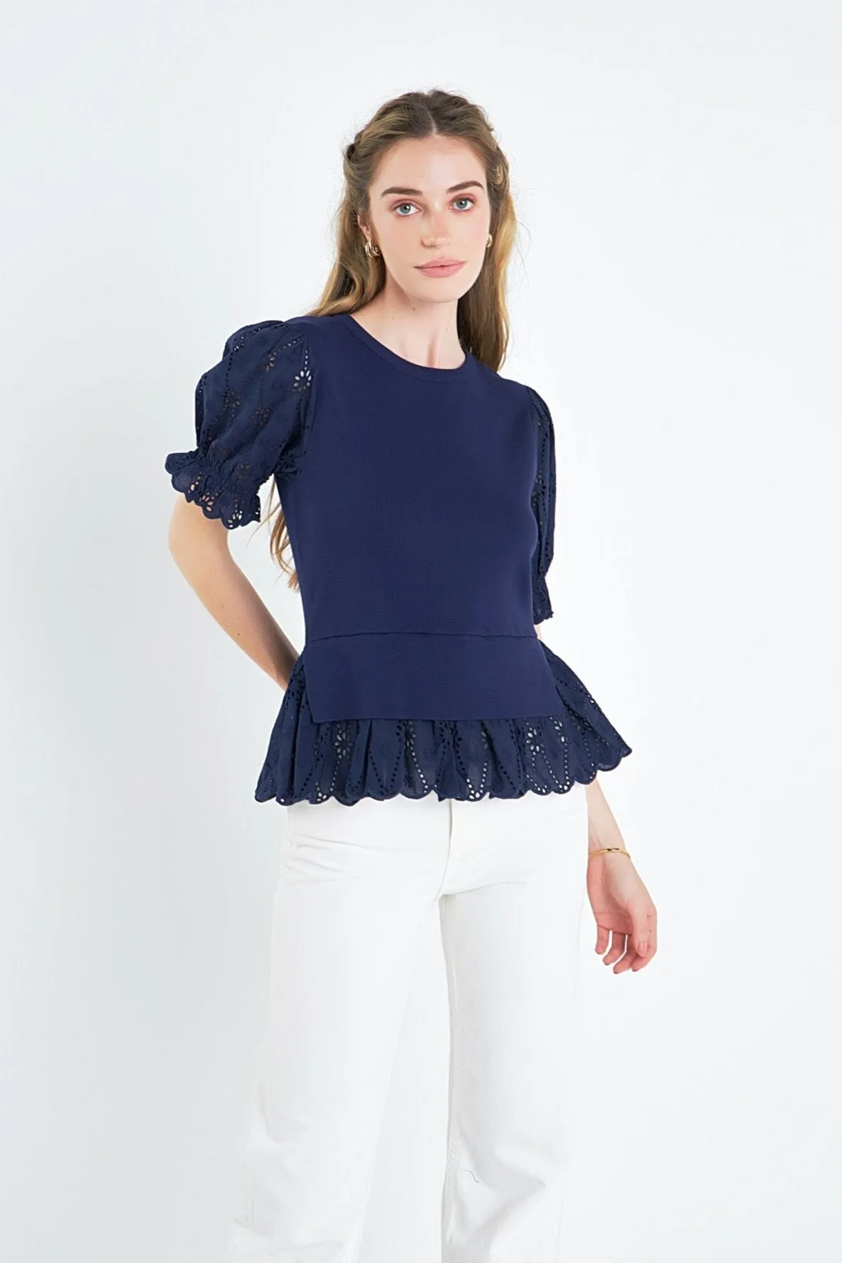 English Factory - Eyelet Mixed Media Knit Top