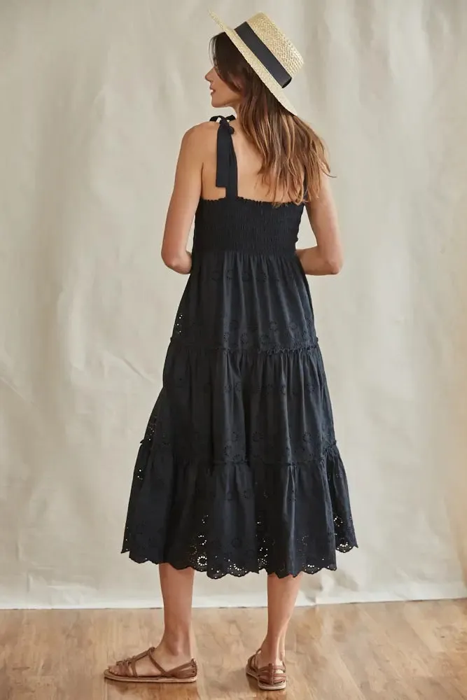 Eyelet Smocked Top Shoulder Ties Ruffled Midi Dress