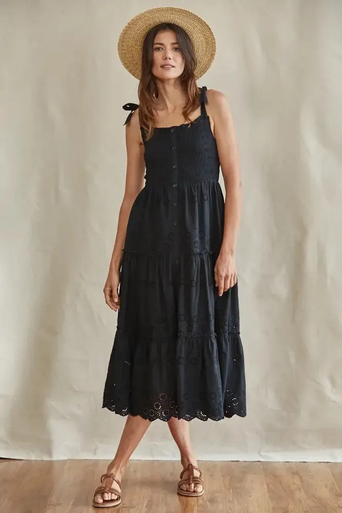 Eyelet Smocked Top Shoulder Ties Ruffled Midi Dress