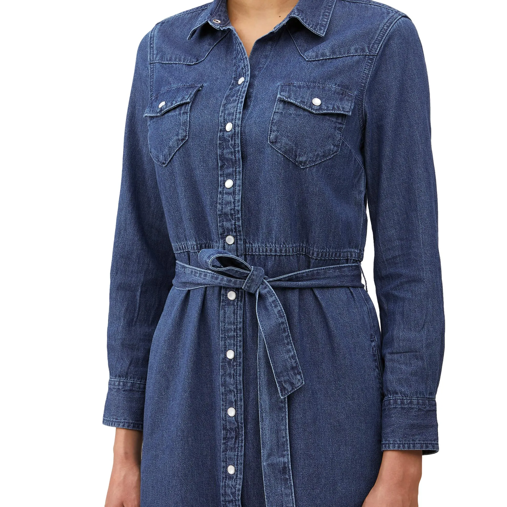 J. Peterman Women's Long Sleeve Classic Fit Lightweight Denim Button-Front Midi Shirtdress in Light Indigo