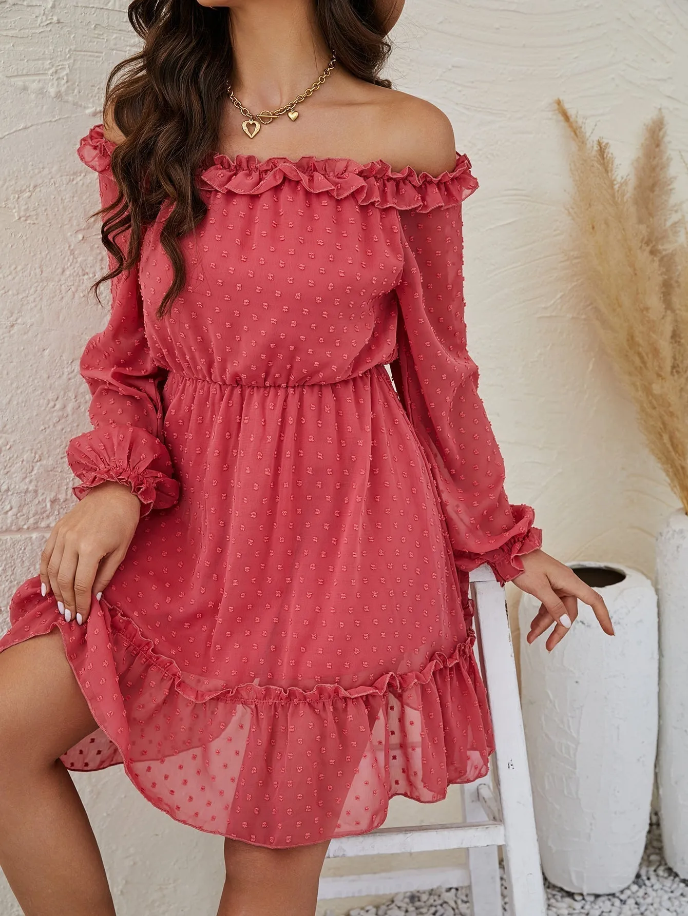 KittenAlarm - Off Shoulder Ruffle Hem Chiffon Dress