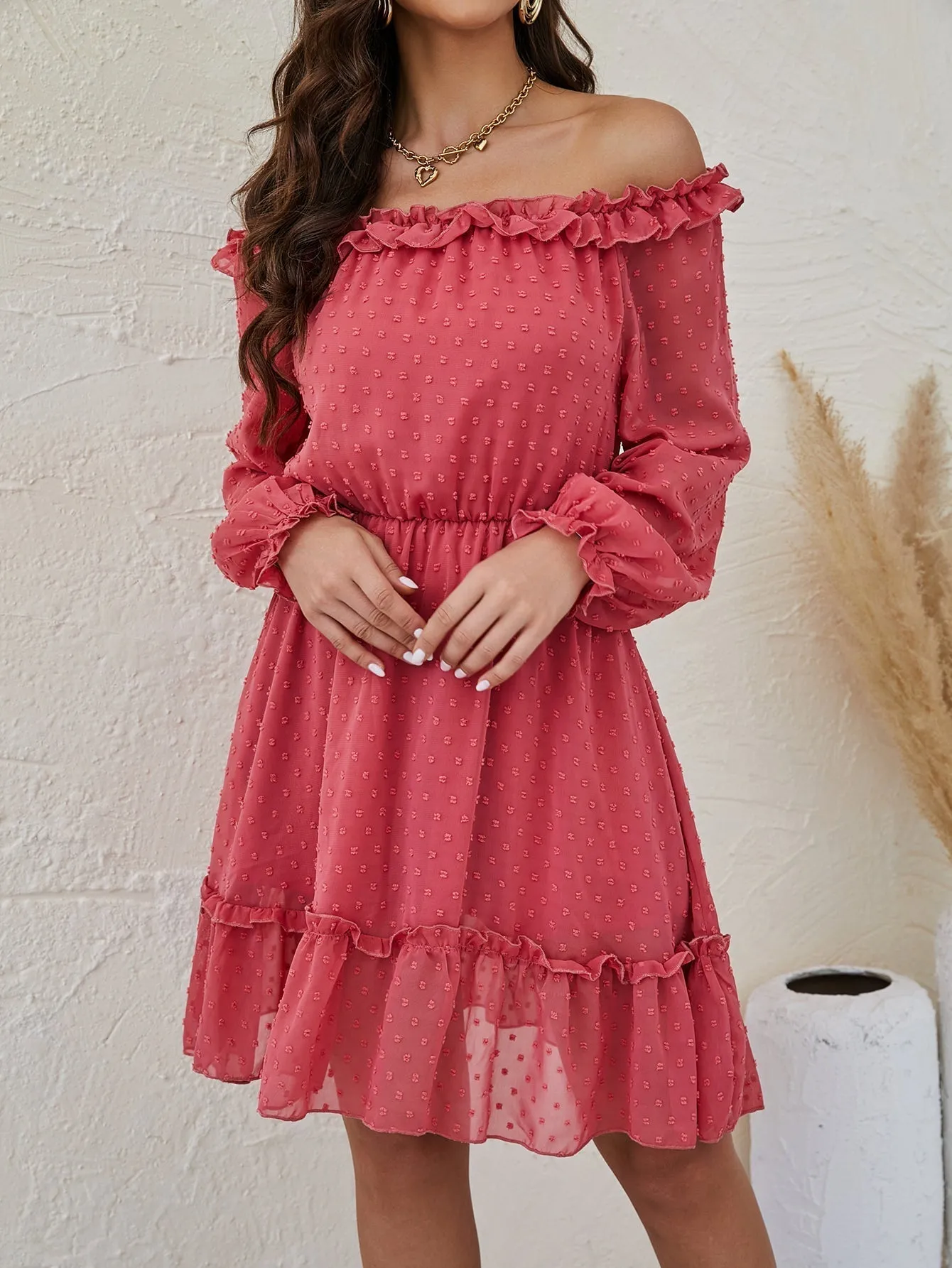KittenAlarm - Off Shoulder Ruffle Hem Chiffon Dress