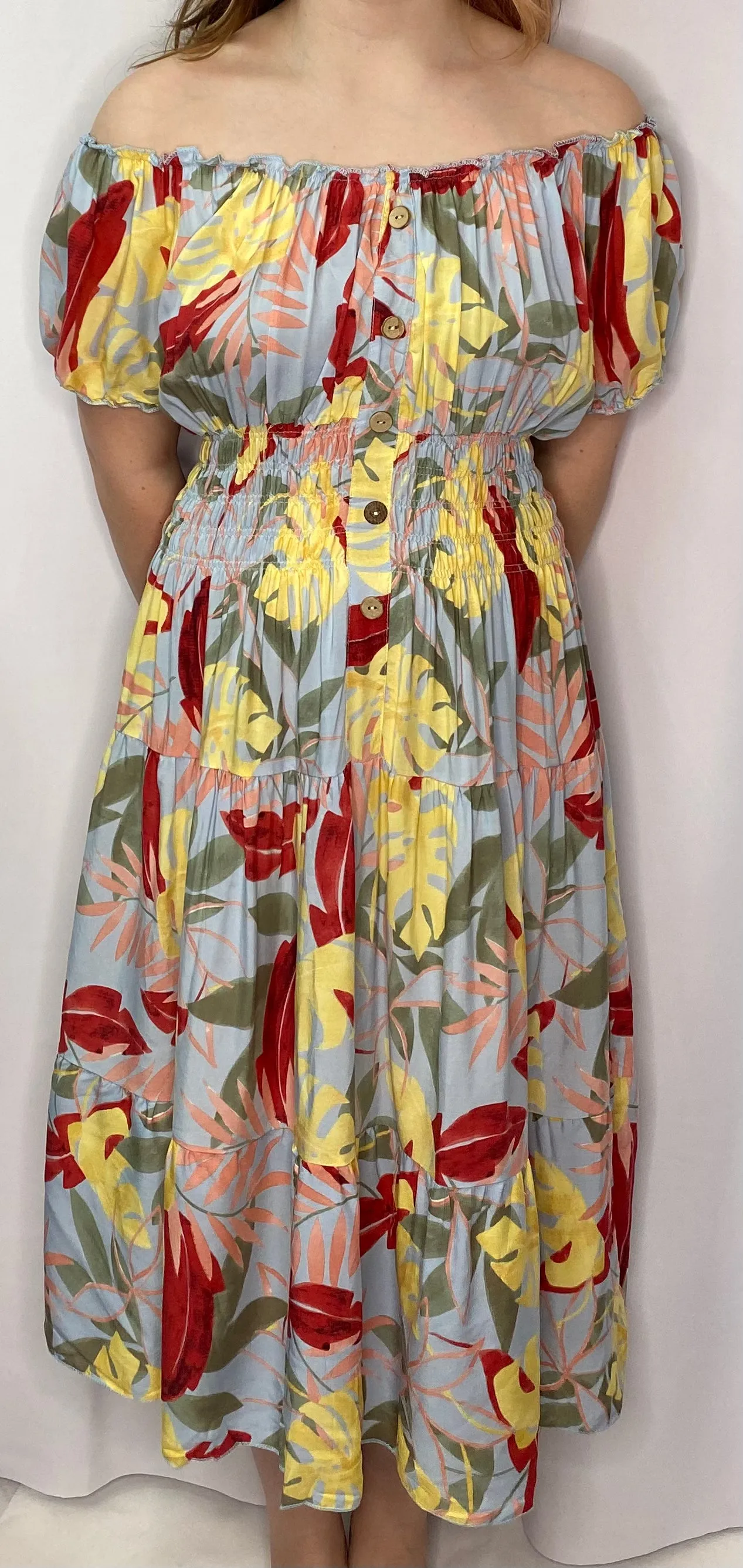 Light Blue MultiTropical Midi Bardot Dress