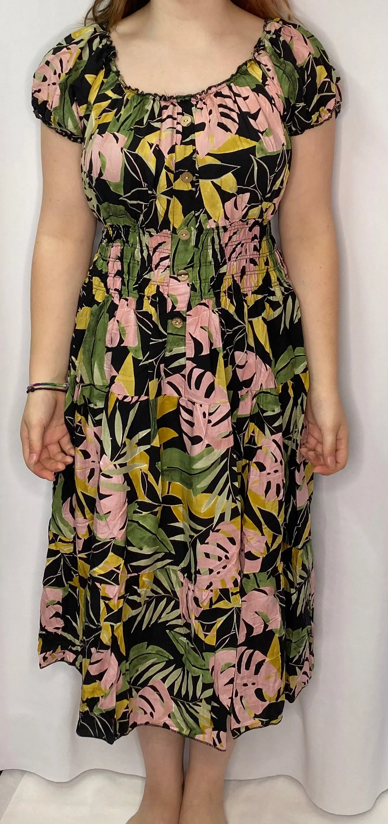 Light Blue MultiTropical Midi Bardot Dress