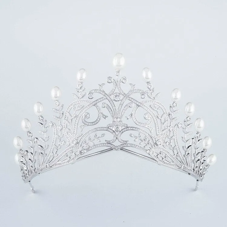 Luxury Vintage Cubic Zirconia Pearl Crown Bridal Wedding Tiara HairJewelry Wedding Dress Accessories TR15080