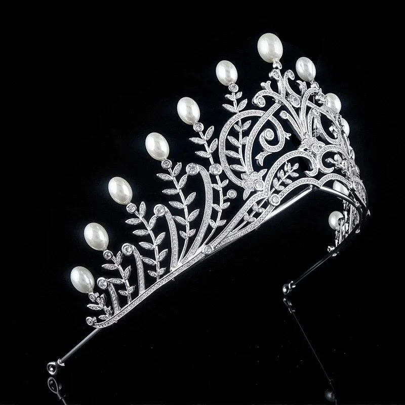 Luxury Vintage Cubic Zirconia Pearl Crown Bridal Wedding Tiara HairJewelry Wedding Dress Accessories TR15080