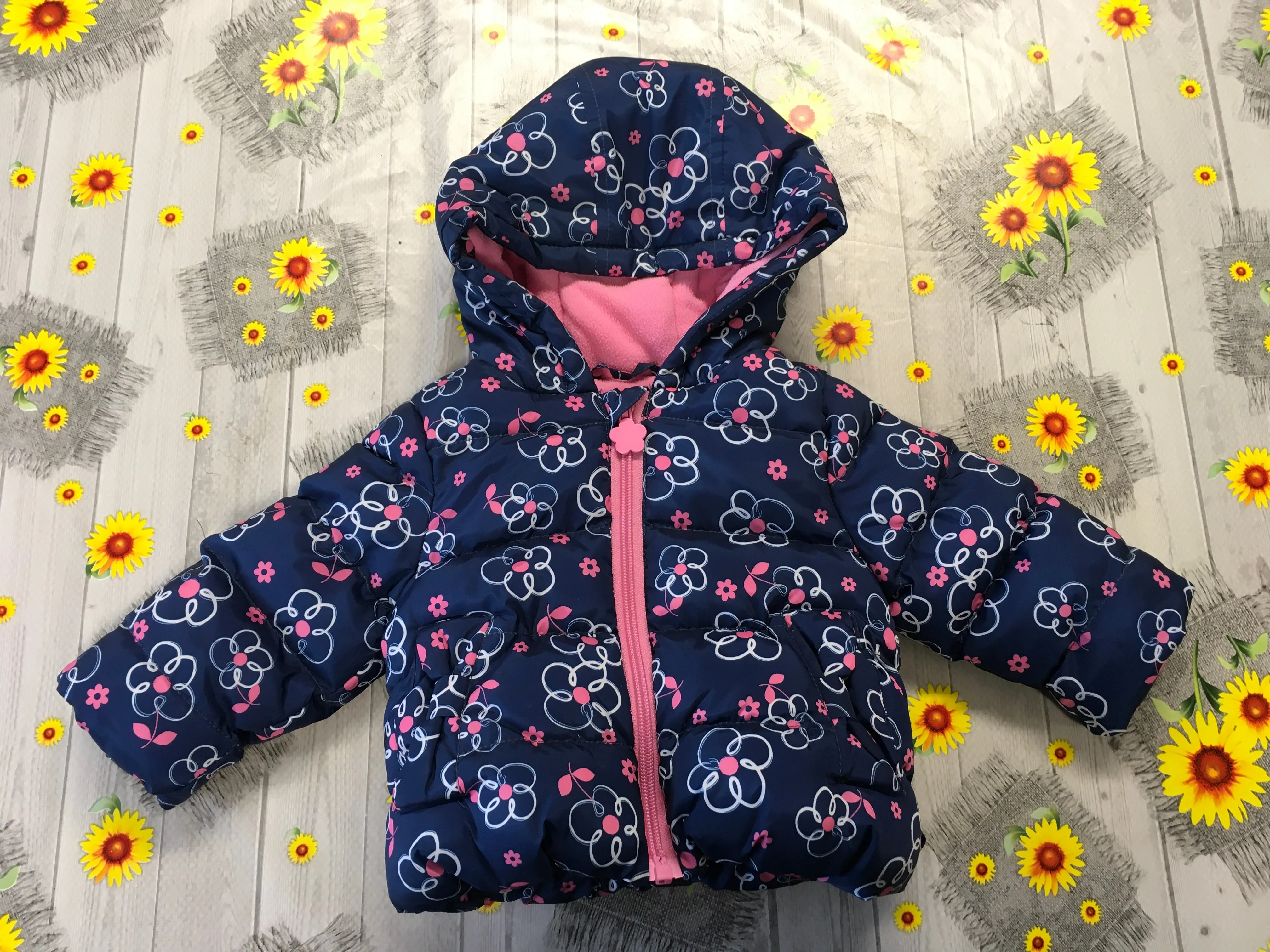 M&Co Navy Quilted Coat with Hood and Daisy Floral Print - Girls 3-6m
