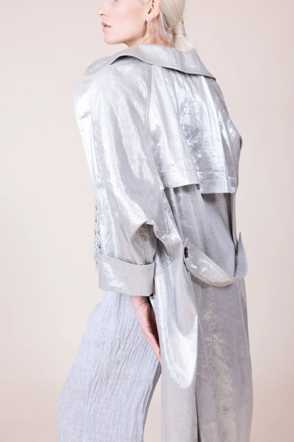 Metallic Double Breasted Long Trench Coat