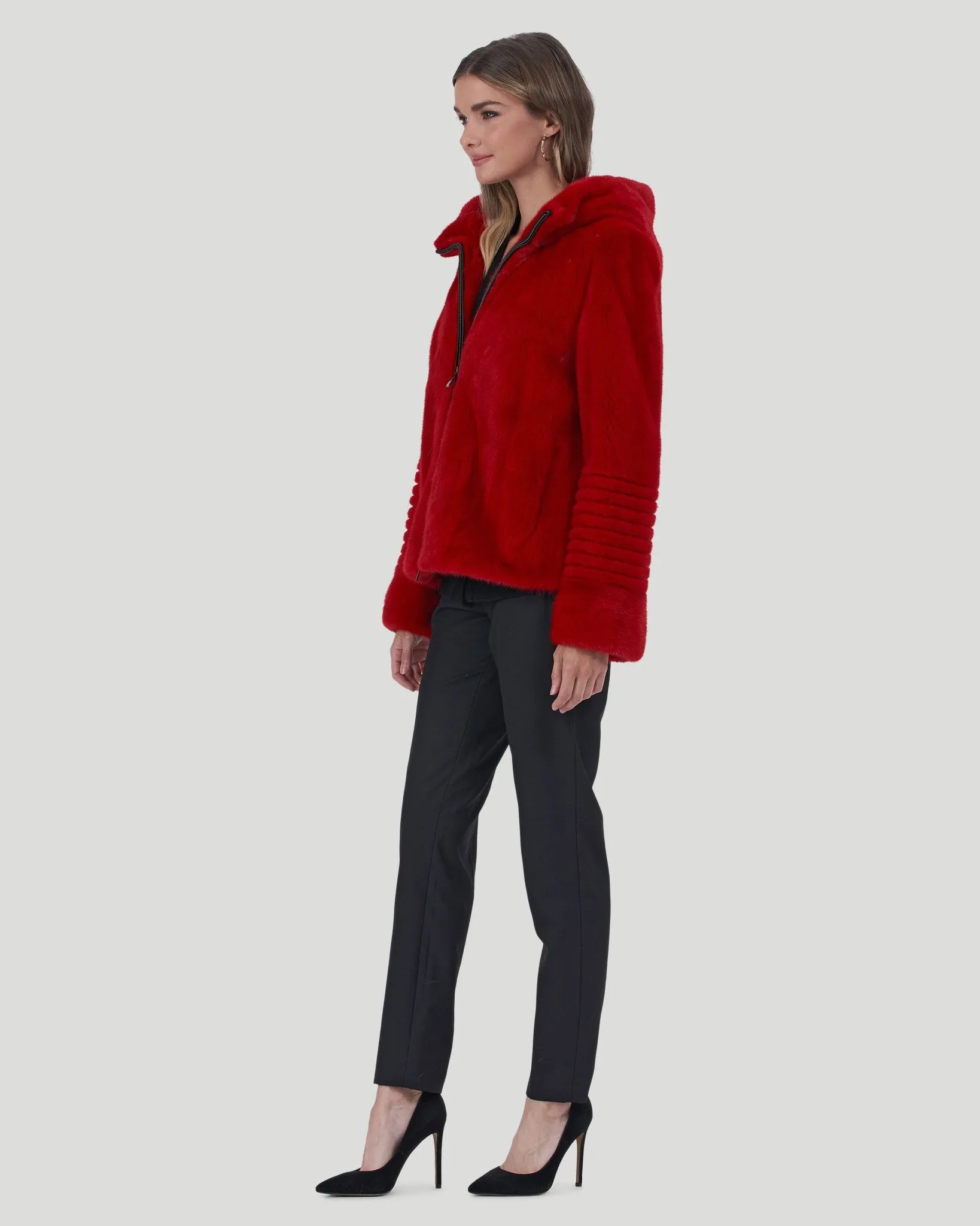 Mink Zip Parka with Grooving Detail On Sleeve and Inside Hood