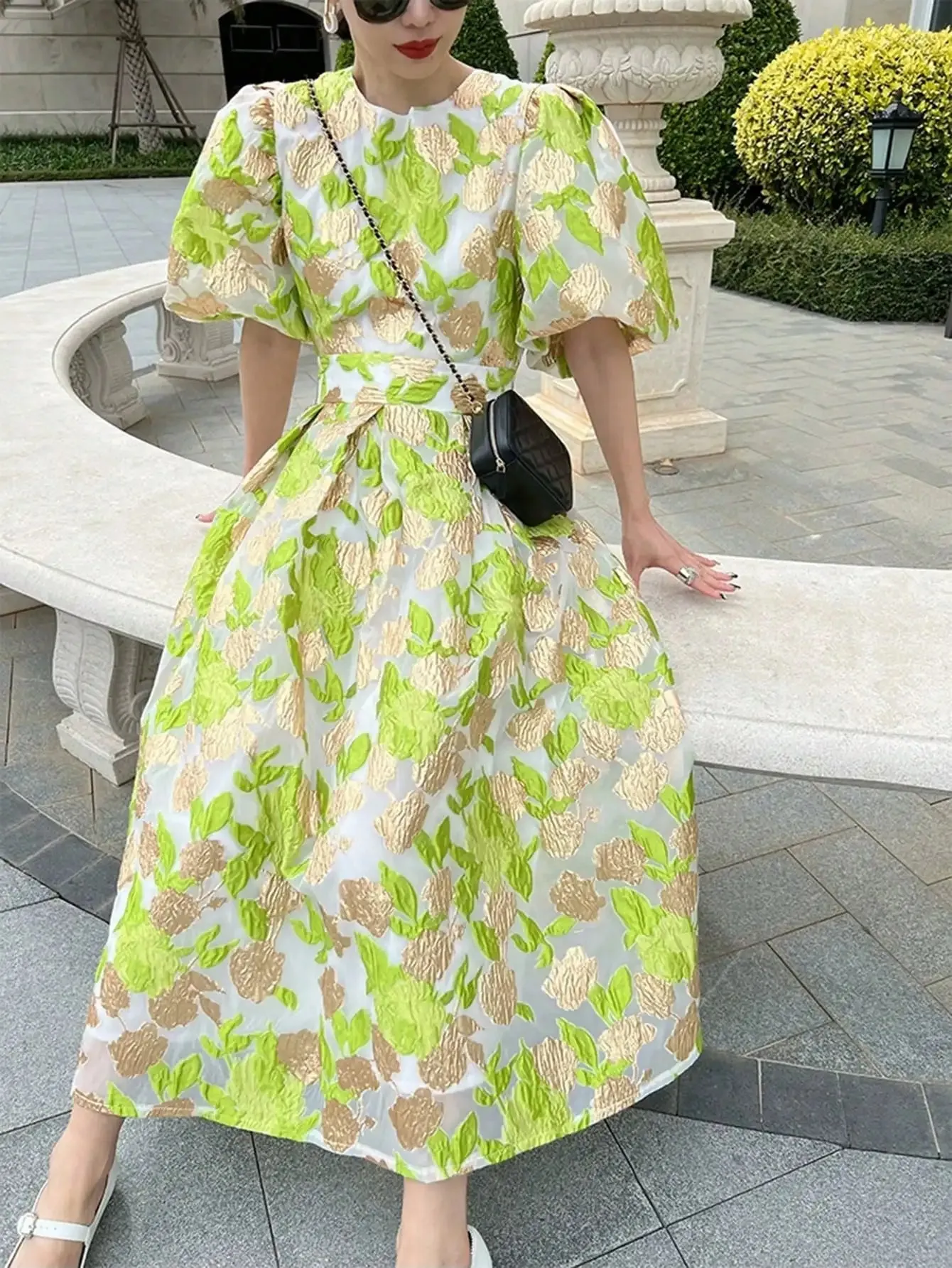 New Luxury Women's Puff Sleeve Organza Jacquard Princess Party Dress Long Elegant dresses for Prom Flower Party Dress Pretty