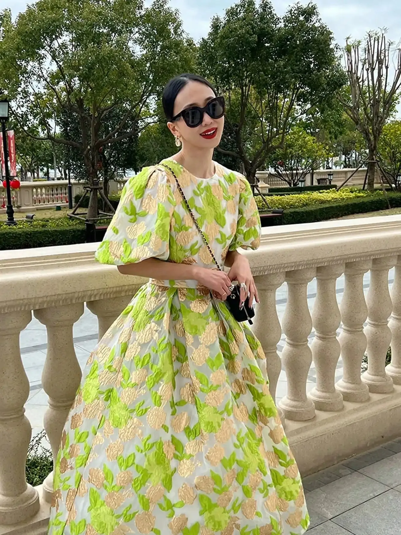 New Luxury Women's Puff Sleeve Organza Jacquard Princess Party Dress Long Elegant dresses for Prom Flower Party Dress Pretty